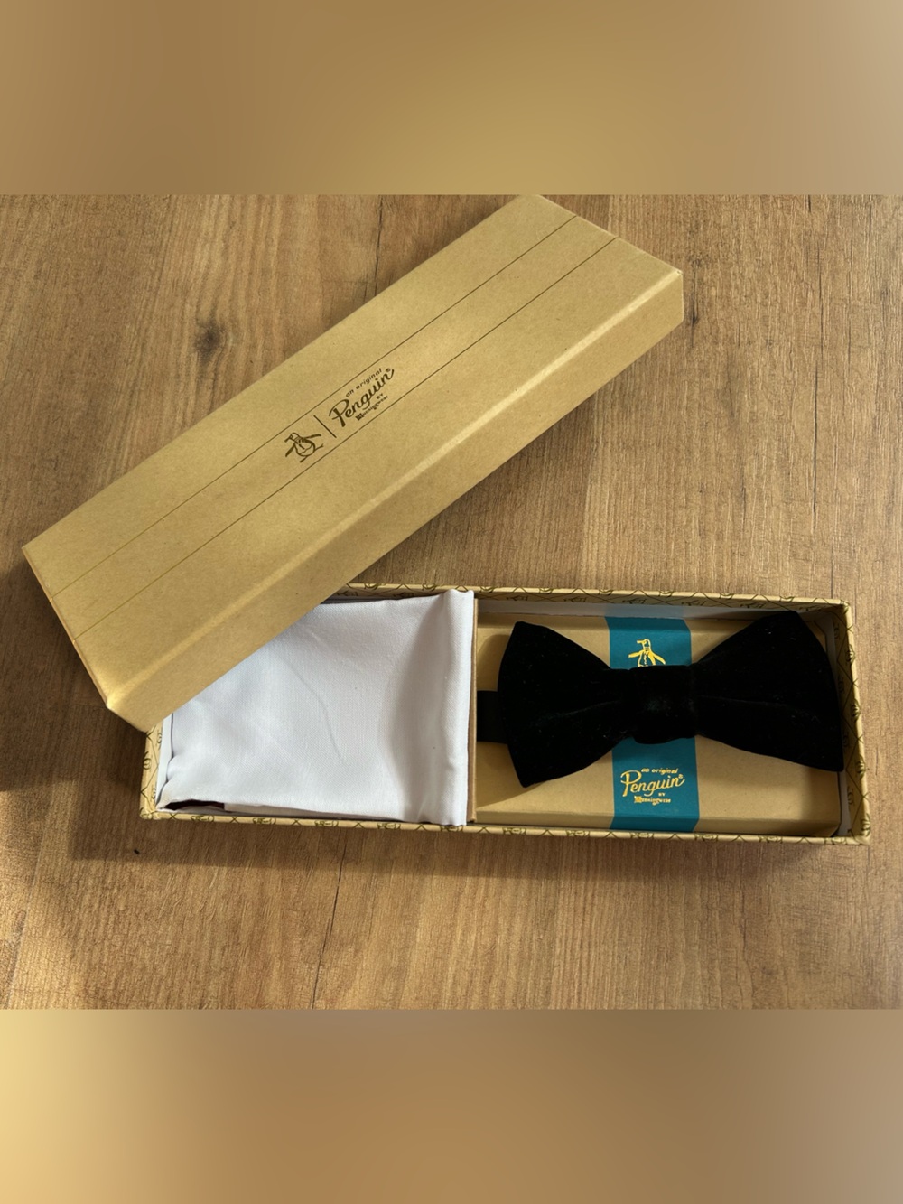 Original Penguin Black Velvet Bow Tie with Pocket Square Handkerchief